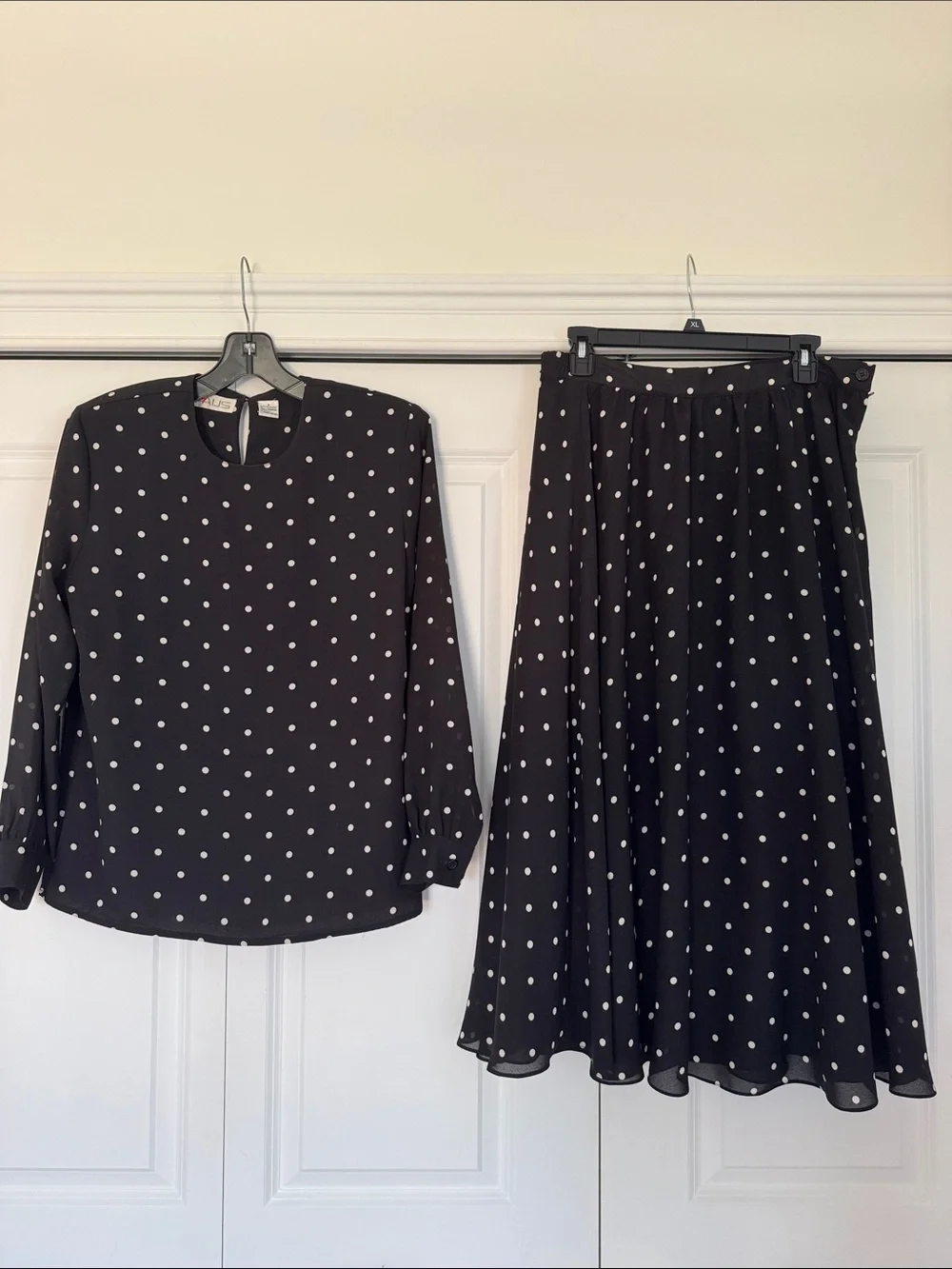 Chaus Black Midi Skirt and top with White Polka Dots